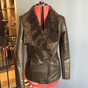 Dark brown faux leather jacket with fur collar